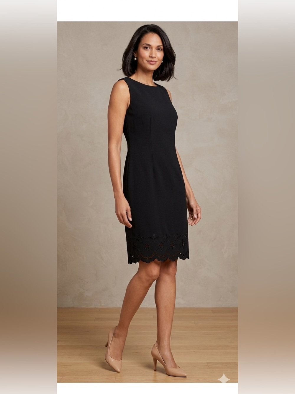Talbots Black Sleeveless Sheath Dress Floral Laser Cut Scalloped Hem LBD Size 12